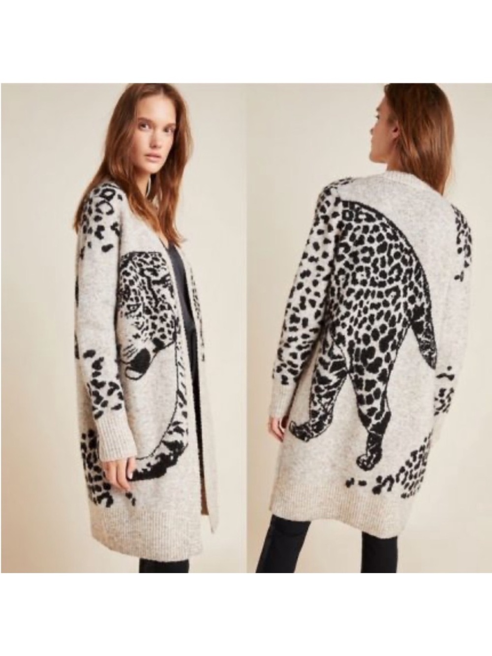 Anthropologie Moth Lucerne Leopard Cardigan Knit Duster Open Front Novelty L
